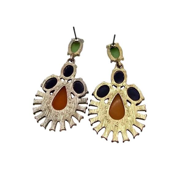 Green, Orange Blue Earrings Pierced Dangle Drop Acrylic Vintage Style Gold Tone - Picture 2 of 3